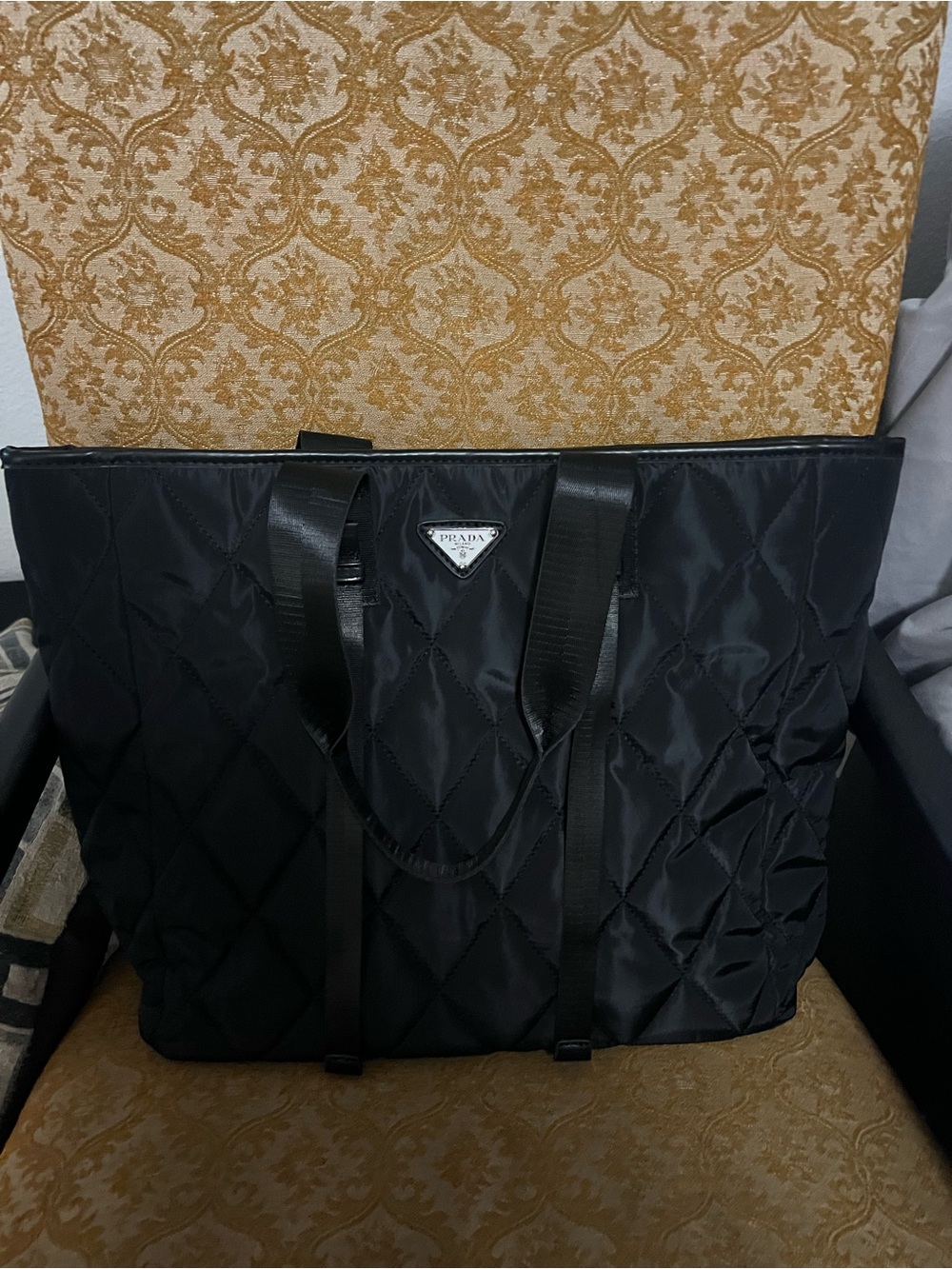 Black Quilted Nylon Tote with Prada Logo Plaque